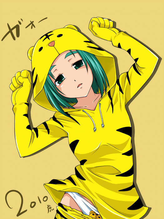 kumataka, akimoto komachi, precure, yes! precure 5, eyebrows, 00s, 10s, 1girl, 2010, animal costume, animal hood, animal print, aqua eyes, aqua hair, cat hood, clothes pull, female focus, green eyes, green hair, hood, matching hair/eyes, new year, open mouth, panties, pants, pants pull, print panties, short hair, solo, tiger costume, tiger print, underwear, yellow background, yellow theme