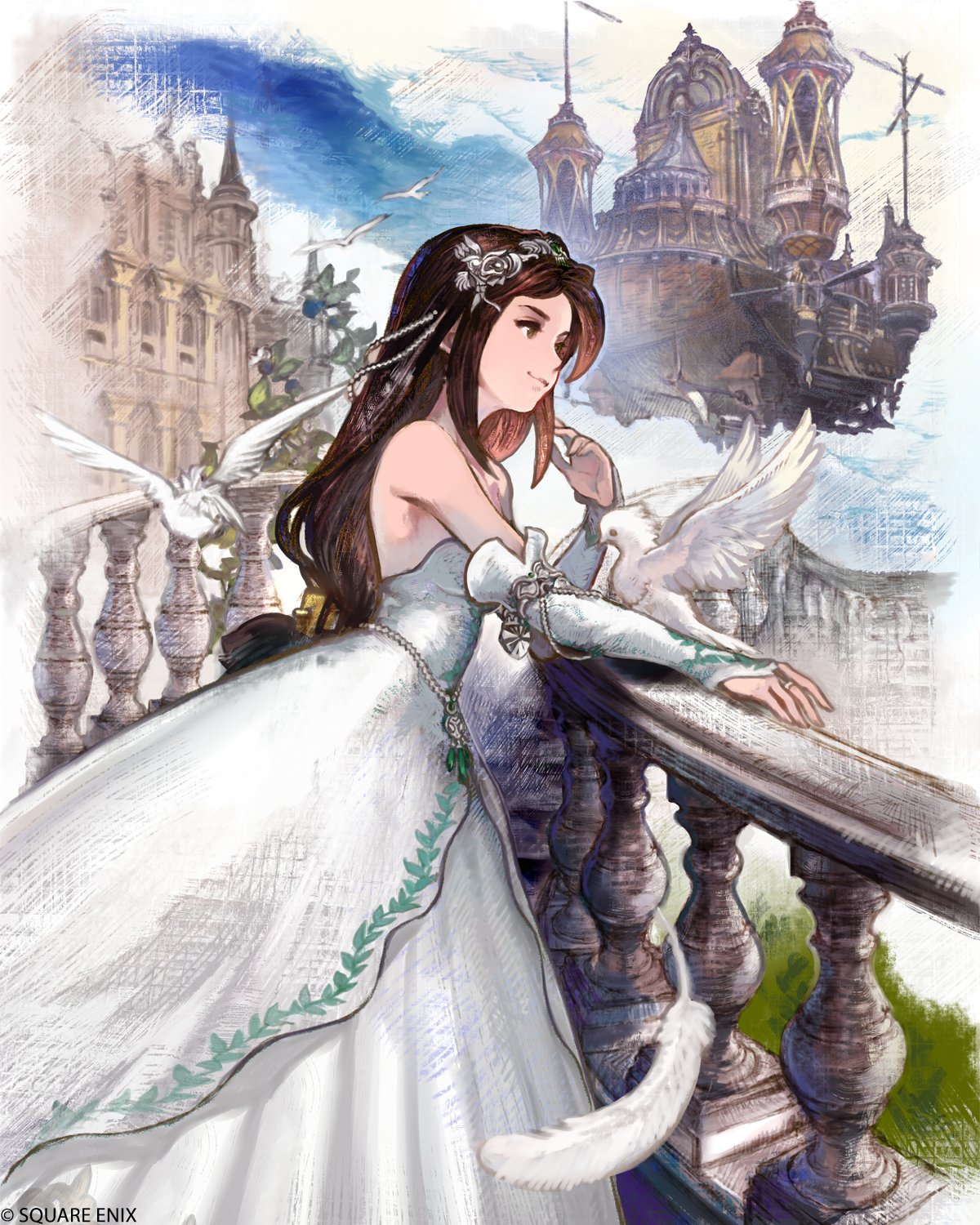 dreepy, garnet til alexandros xvii, final fantasy, final fantasy ix, square enix, commentary, english commentary, highres, official art, 1girl, aircraft, airship, balcony, bare shoulders, bird, black hair, breasts, bridal gauntlets, brown eyes, brown hair, castle, cleavage, closed mouth, cloud, cloudy sky, colored skin, dress, elbow gloves, falling feathers, feather hair ornament, feathers, flower, flying, from side, gen 8 pokemon, gloves, hair ornament, hairclip, headdress, light smile, long dress, long hair, low-tied long hair, low ponytail, medium breasts, official alternate costume, parted bangs, pigeon, ponytail, sidelocks, sky, solo, strapless, strapless dress, very long hair, white bird, white dress, white feathers, white skin