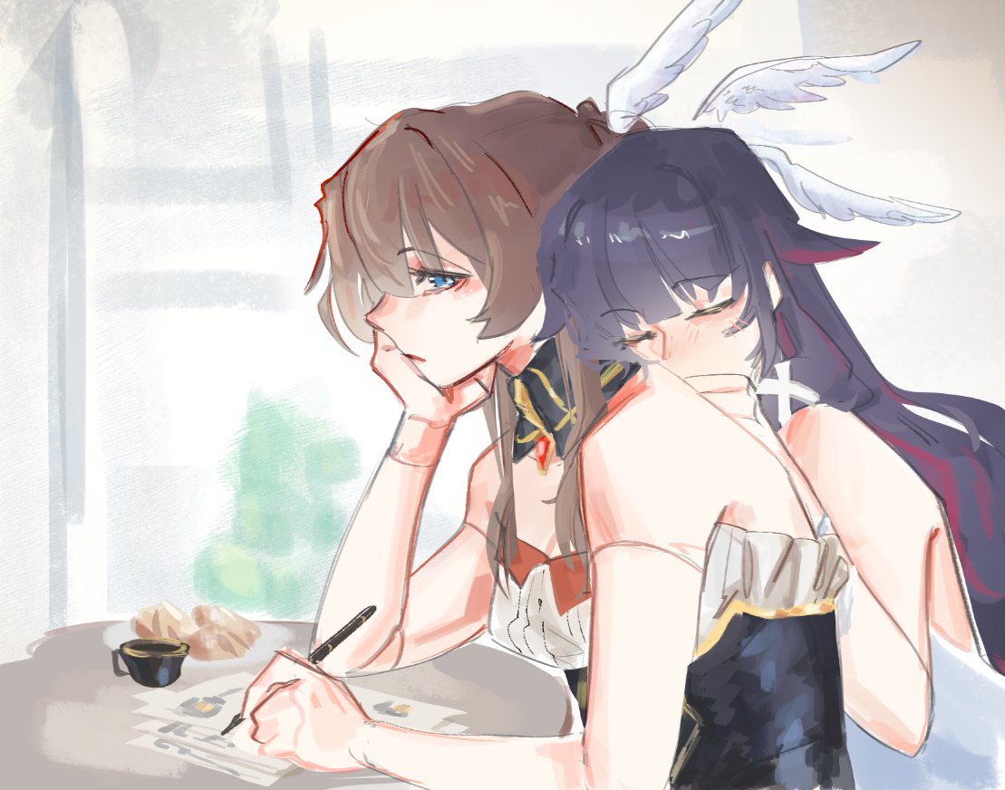 tibetanyakart, columbina (genshin impact), sandrone (genshin impact), genshin impact, commentary, english commentary, 2girls, bare arms, bare shoulders, black hair, blue eyes, brown hair, closed eyes, closed mouth, doll joints, feathered wings, holding, holding pen, joints, leaning on person, multiple girls, paper, pen, pink streaks, wings, yuri