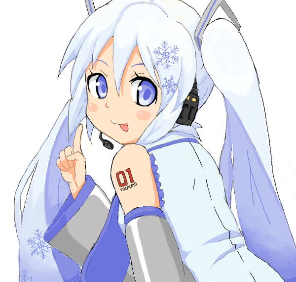 goro (reiremi), hatsune miku, yuki miku, vocaloid, bad drawr id, bad id, 1girl, :p, alternate color, alternate hair color, back, bare shoulders, blue eyes, blush, detached sleeves, female focus, gradient hair, headset, long hair, looking back, multicolored hair, patterned, pointing, simple background, snowflakes, solo, tongue, tongue out, twintails, white background, white hair