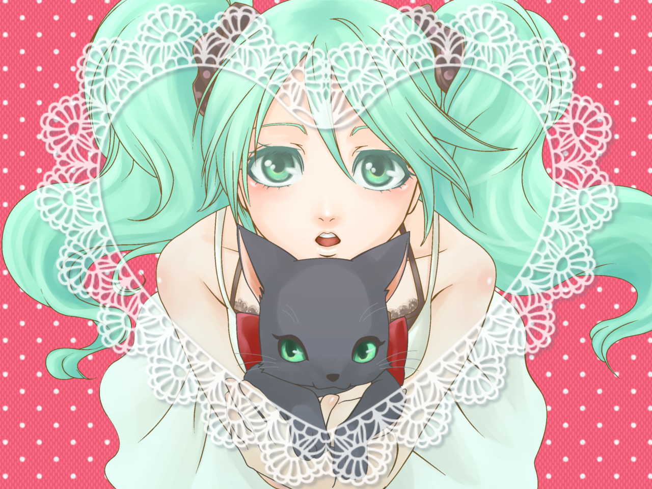 cheri, hatsune miku, vocaloid, cat, green eyes, green hair, heart, lace, solo