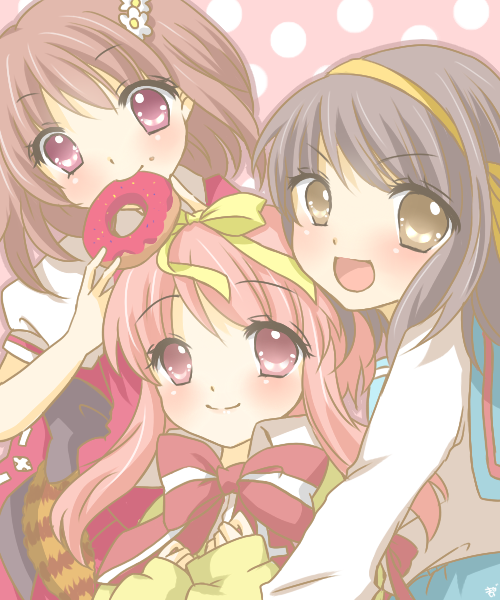 mashiro momo, akihime sumomo, inaba yui, suzumiya haruhi, flyable heart, nanatsuiro drops, suzumiya haruhi no yuuutsu, bad id, bad pixiv id, 00s, 3girls, brown eyes, brown hair, creator connection, crossover, donut, food, hair ribbon, hairband, long hair, multiple girls, pink hair, red eyes, ribbon, school uniform, serafuku, short hair