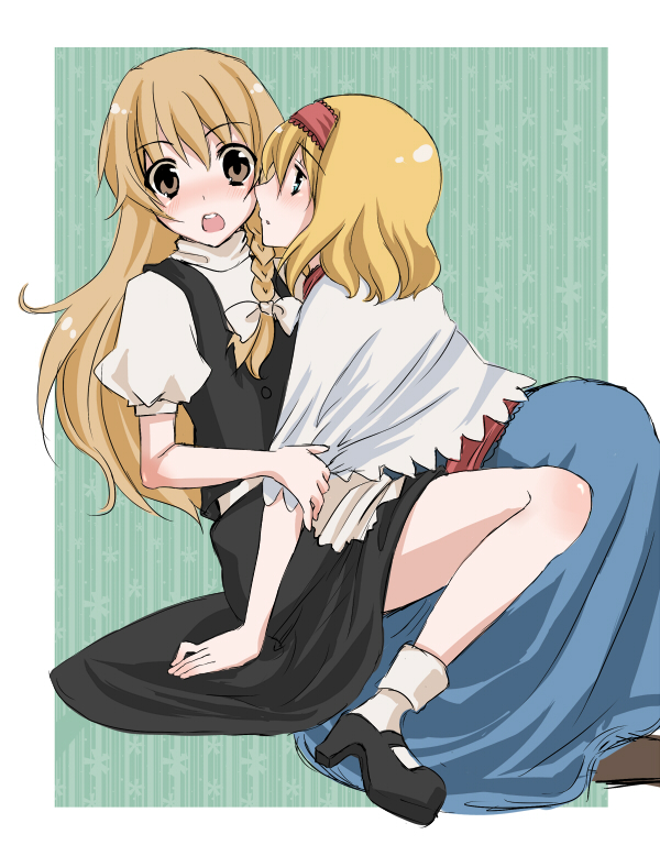 tottoto tomekichi, alice margatroid, kirisame marisa, touhou, white legwear, bad id, bad pixiv id, 2girls, blonde hair, blue eyes, blush, braid, capelet, female focus, hairband, hat, high heels, kakokou, kneeling, long hair, mary janes, multiple girls, no headwear, shoes, side braid, sitting, socks, yellow eyes, yuri