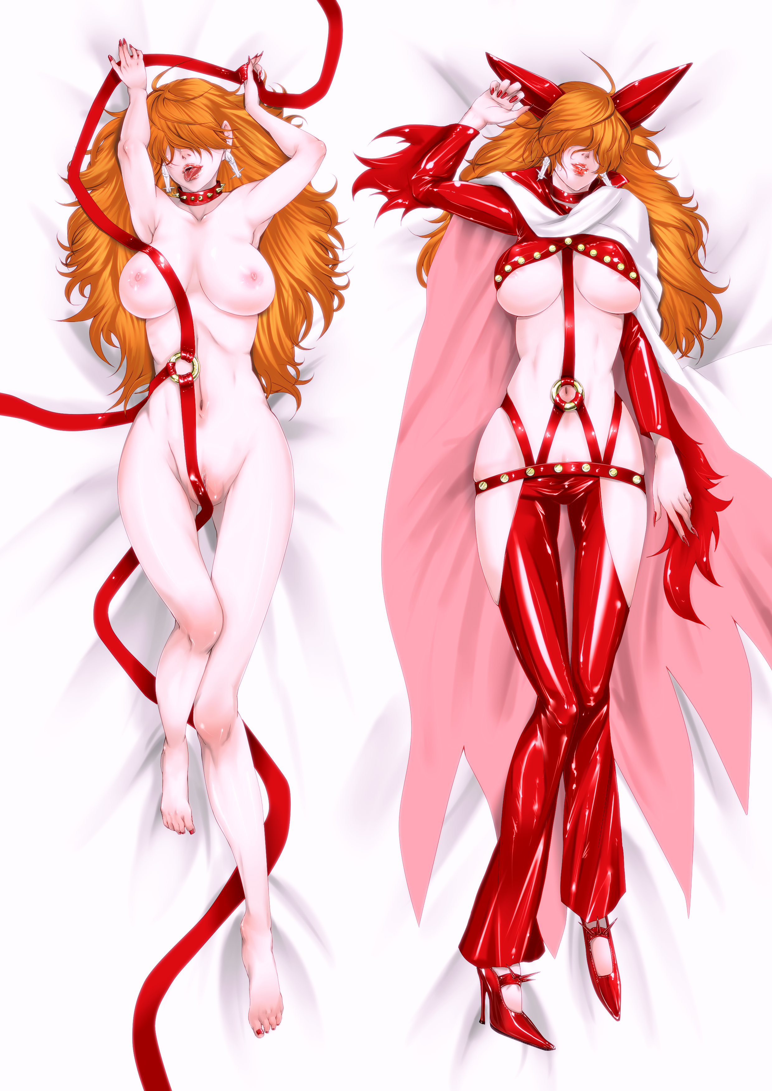 omaru, sadi-chan, one piece, absurdres, bad id, bad pixiv id, highres, 1girl, animal ears, armpits, barefoot, breasts, cleavage, collar, curly hair, dakimakura (medium), earrings, feet, fringe trim, hair over eyes, horns, huge breasts, jewelry, latex, leather, legs, lips, lipstick, long hair, makeup, multiple views, nipples, nude, orange hair, pussy, revealing clothes, shoes, spiked collar, spikes, thighhighs, tongue, uncensored, underboob