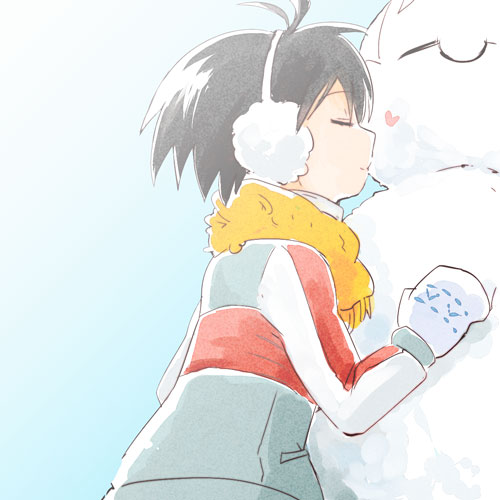 koi (k51), kikuchi makoto, idolmaster, idolmaster (classic), bad id, bad pixiv id, lowres, antenna hair, black hair, closed eyes, earmuffs, heart, jacket, kiss, mittens, object kiss, raglan sleeves, scarf, short hair, snowman, solo