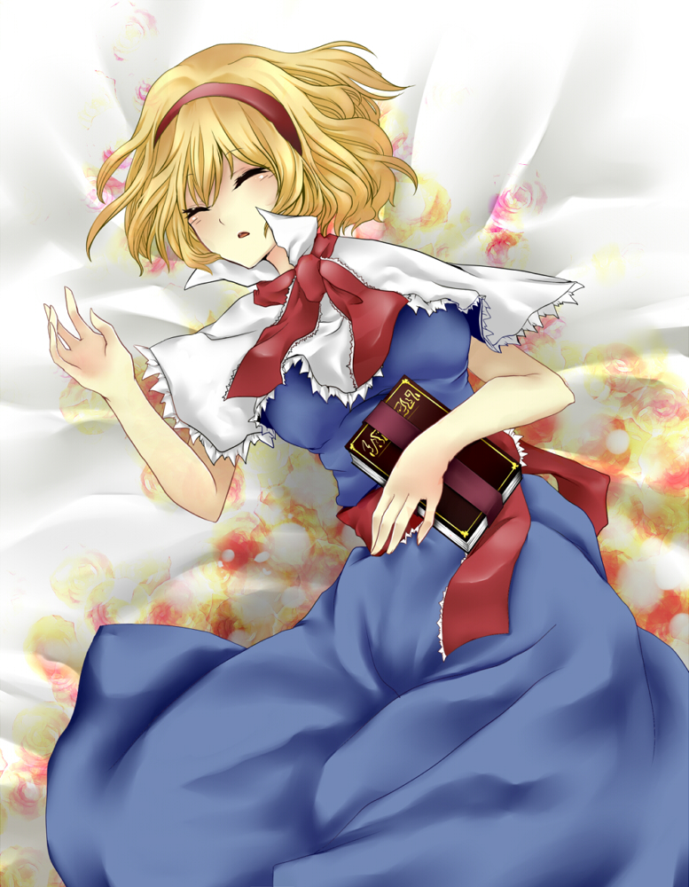 rimu (kingyo origin), rimu (rim573), alice margatroid, touhou, bad id, bad pixiv id, 1girl, blonde hair, book, female focus, hairband, short hair, sleeping, solo