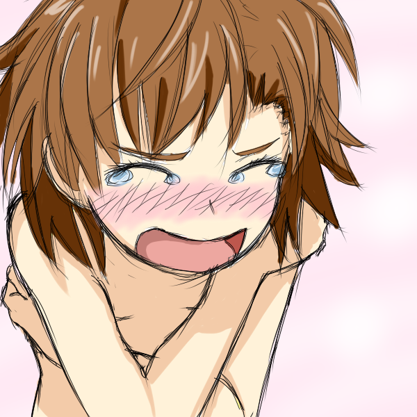 xtirunox, last order (toaru majutsu no index), toaru majutsu no index, ahoge, bent over, blush, brown hair, closed eyes, completely nude, covering breasts, covering privates, embarrassed, flat chest, nude, nude cover, short hair, shouting, sketch, solo, tears