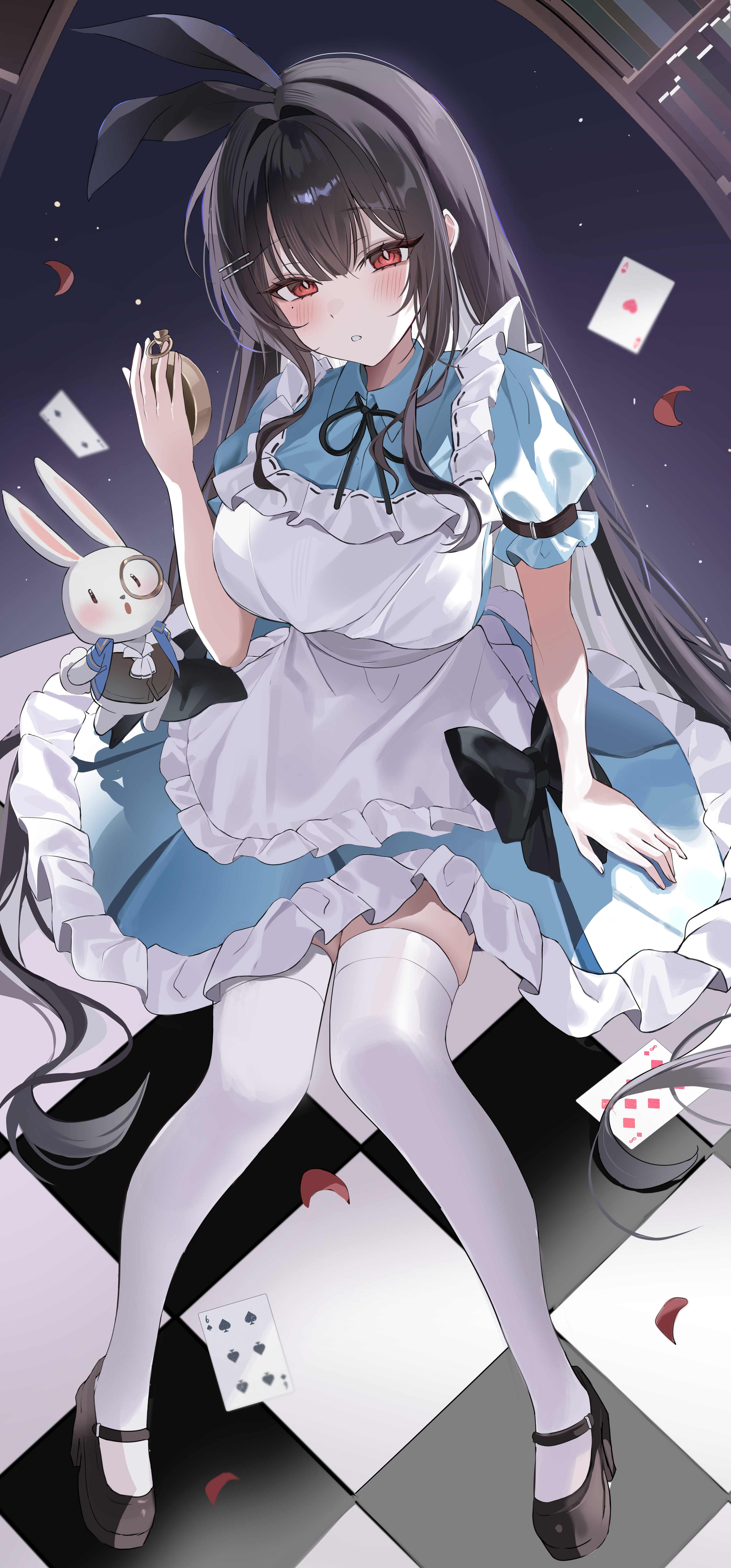 hailiu, alice (alice in wonderland), white rabbit (alice in wonderland), alice's adventures in wonderland, original, absurdres, commentary, commission, highres, second-party source, symbol-only commentary, 1girl, ace (playing card), ace of hearts, alice (alice in wonderland) (cosplay), animal ears, apron, arm strap, arm support, black hair, black ribbon, black shoes, blue dress, blush, breasts, bright pupils, card, checkered floor, collared dress, cosplay, dress, fake animal ears, falling petals, floating card, frilled apron, frilled dress, frills, hair between eyes, hair ornament, hairclip, heart, high heels, large breasts, long hair, looking at viewer, mole, mole under eye, monocle, neck ribbon, on floor, parallel hairclips, parted lips, petals, playing card, pocket watch, rabbit, rabbit ears, red eyes, ribbon, shoes, short sleeves, sitting, solo, thighhighs, very long hair, watch, white apron, white pupils, white thighhighs
