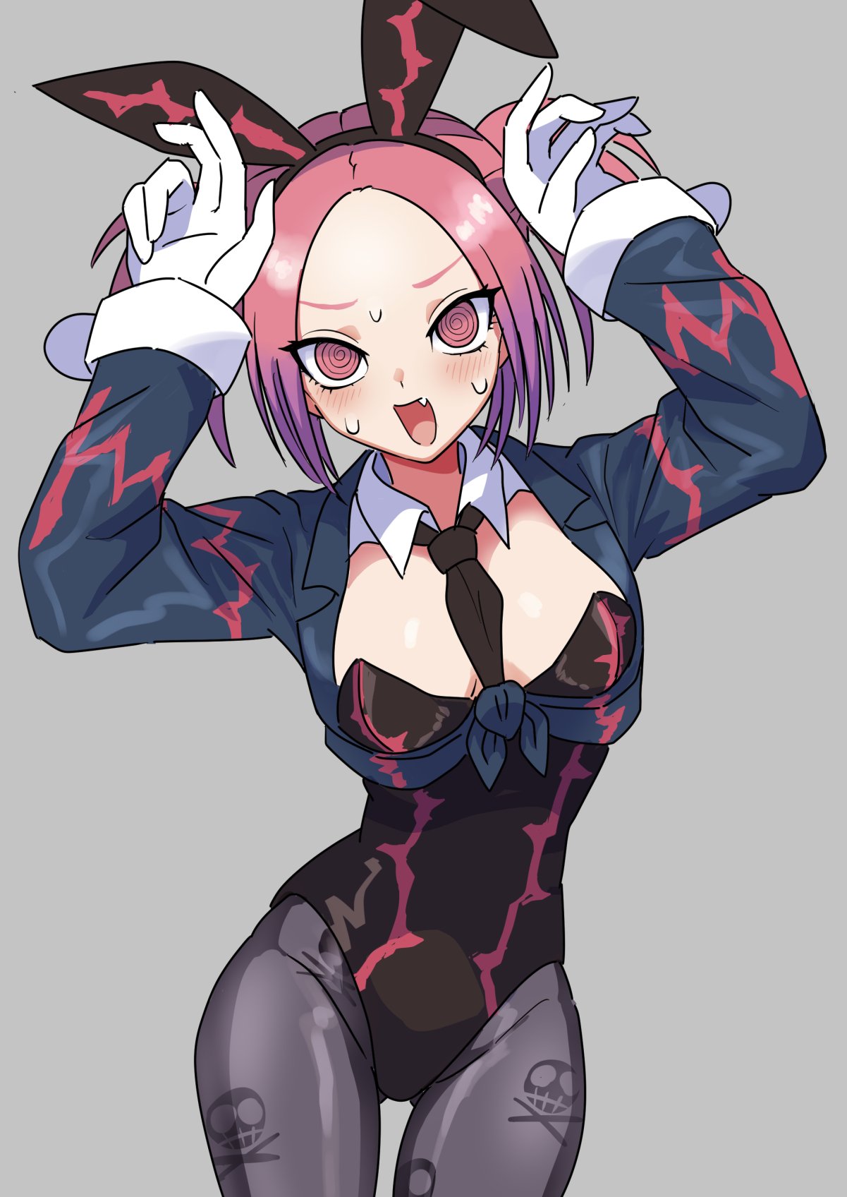 wadatsumi (sense11531153), tour guide from the underworld, yu-gi-oh!, commentary request, highres, 1girl, @ @, animal ears, blush, bow, bowtie, breasts, cowboy shot, detached collar, duel monster, fake animal ears, fang, gloves, grey background, leotard, long sleeves, medium breasts, necktie, open mouth, pantyhose, playboy bunny, rabbit ears, red eyes, red hair, simple background, skull and crossbones, skull print, twintails, white gloves