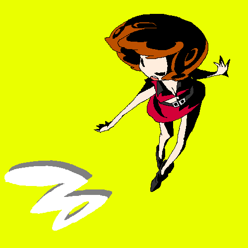 german yajirobee, meiko (vocaloid), vocaloid, lowres, 1girl, boots, brown hair, chibi, female focus, midriff peek, oekaki, short hair, skirt, solo