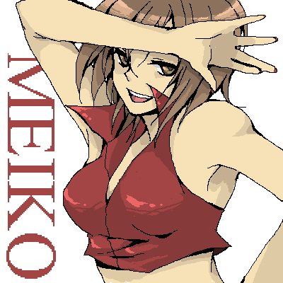 takase kei, meiko (vocaloid), vocaloid, bad id, bad pixiv id, lowres, 1girl, armpits, blouse, breasts, brown eyes, brown hair, character name, female focus, half-closed eyes, medium breasts, oekaki, red shirt, red theme, shirt, short hair, simple background, solo, white background