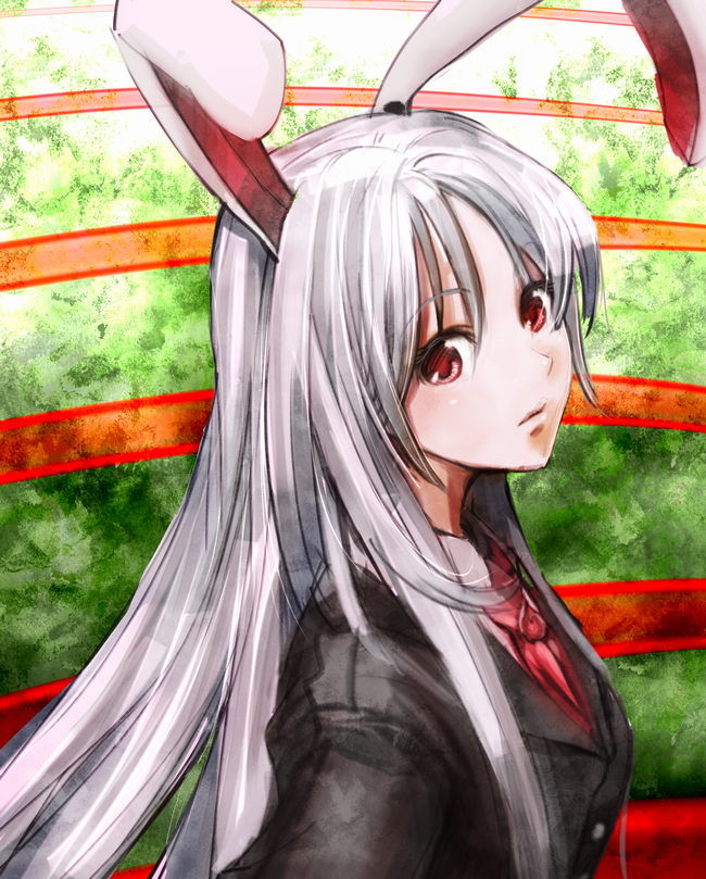 chirigami-san, reisen udongein inaba, touhou, silver hair, bad id, bad pixiv id, 1girl, animal ears, blazer, female focus, jacket, long hair, necktie, rabbit ears, red eyes, solo