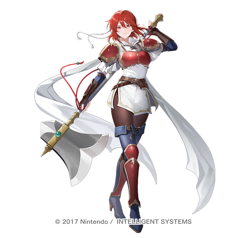 riz3, minerva (fire emblem), fire emblem, fire emblem: mystery of the emblem, fire emblem: shadow dragon, fire emblem heroes, nintendo, commentary request, official art, 1girl, arm guards, armor, axe, belt, black pantyhose, blue boots, boots, breastplate, breasts, brown belt, brown gloves, closed mouth, dress, fingerless gloves, full body, gloves, gold trim, greaves, headband, high heel boots, high heels, holding, holding axe, holding behind back, holding weapon, holding weapon behind back, looking at viewer, minerva (above the stars) (fire emblem), multiple belts, official alternate costume, pantyhose, pauldrons, red armor, red eyes, red hair, shin guards, short dress, short hair, short sleeves, shoulder armor, simple background, solo, thigh boots, weapon, white dress, white headband