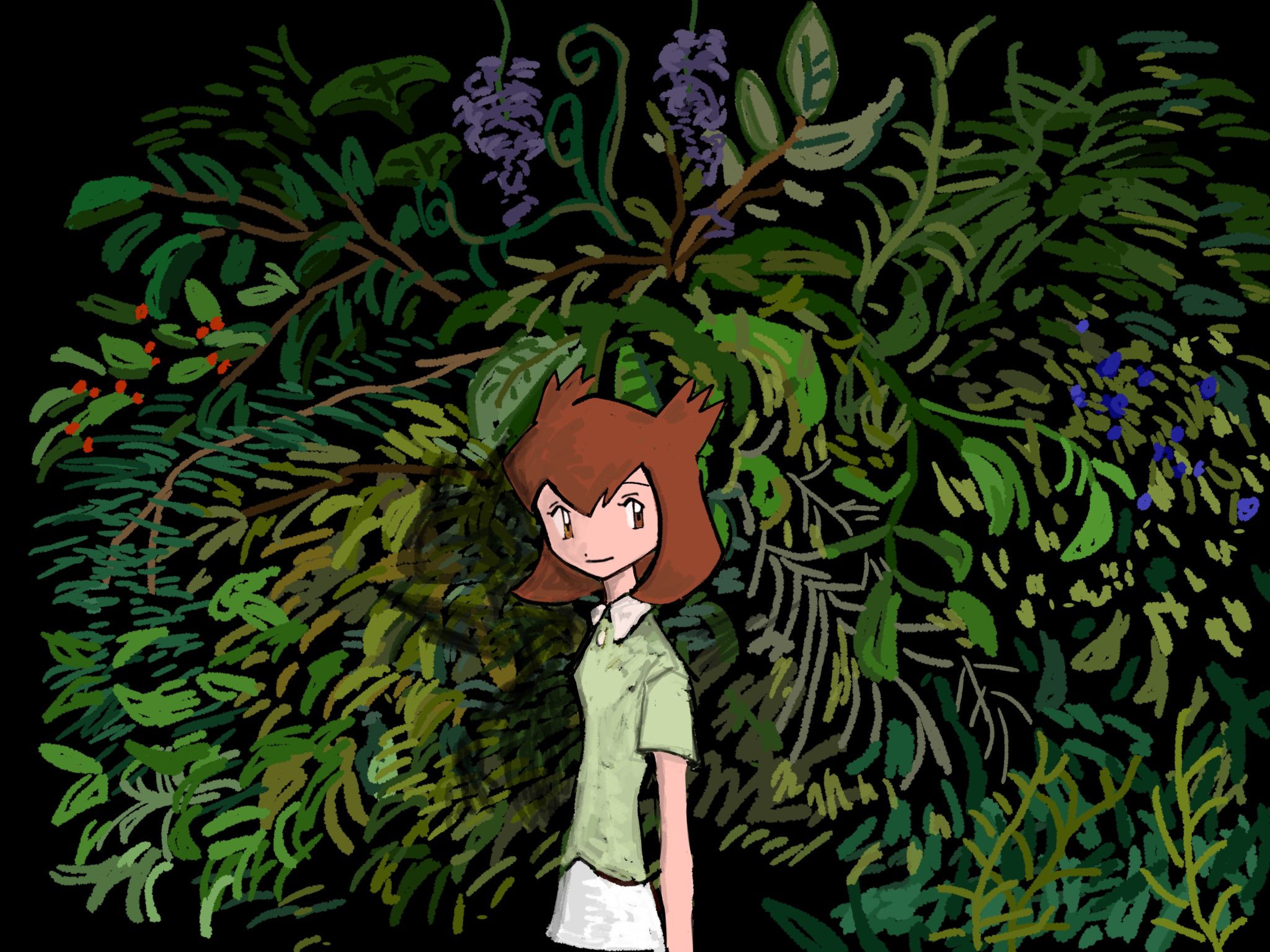 bianca (pokemon heroes), nintendo, pokemon, pokemon (anime), pokemon (classic anime), pokemon heroes: latios & latias, commentary request, highres, 1girl, black background, brown eyes, brown hair, closed mouth, flipped hair, fufu8484, green shirt, leaf, looking at viewer, miniskirt, plant, shirt, short hair, short sleeves, skirt, smile, solo, standing, upper body, vines, white skirt