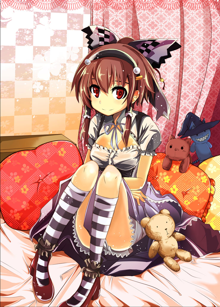 maturiuta sorato, hakurei reimu, touhou, 1girl, alternate costume, bed, bow, brown hair, female focus, gothic lolita, hair bow, kneehighs, legs, lolita fashion, maid, pillow, red eyes, short hair, sitting, socks, solo, striped clothes, striped socks, stuffed animal, stuffed toy