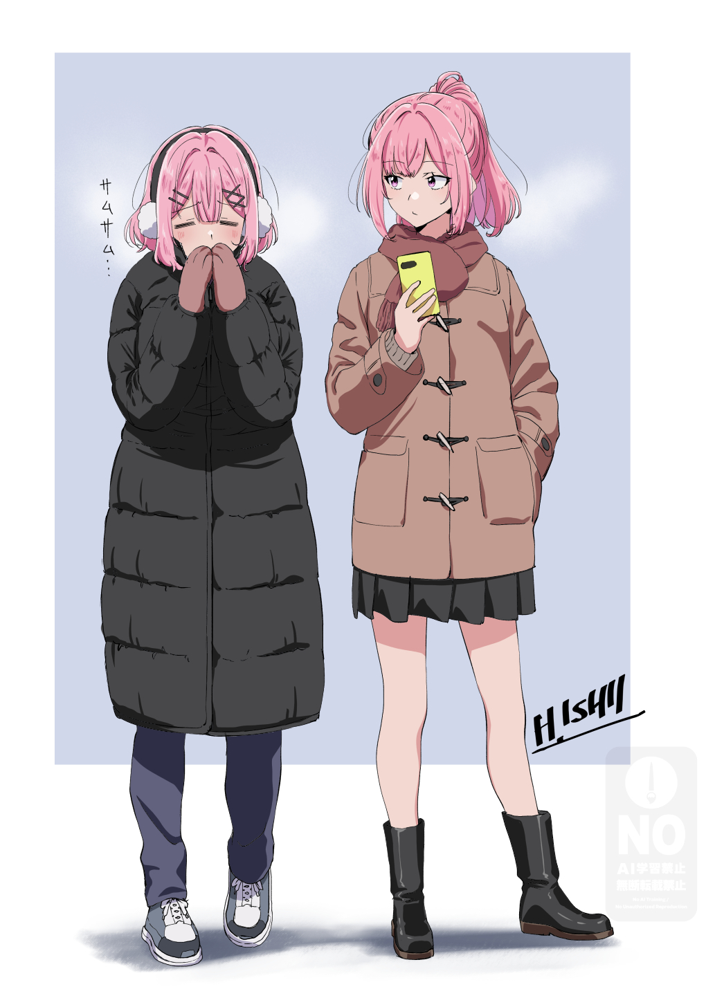 ishii hisao, amaori haruna, amaori renako, watashi ga koibito ni nareru wake naijan murimuri!, commentary request, highres, 2girls, = =, artist name, black boots, black coat, blue background, blue pants, boots, breath, brown coat, brown scarf, cellphone, coat, cold, covering own mouth, down jacket, duffel coat, full body, grey shoes, hand in pocket, holding, holding phone, jacket, looking at another, looking to the side, mittens, multiple girls, pants, phone, pink hair, ponytail, purple eyes, scarf, shoes, siblings, signature, sisters, smartphone, sneakers, standing, sweater, watermark, winter clothes