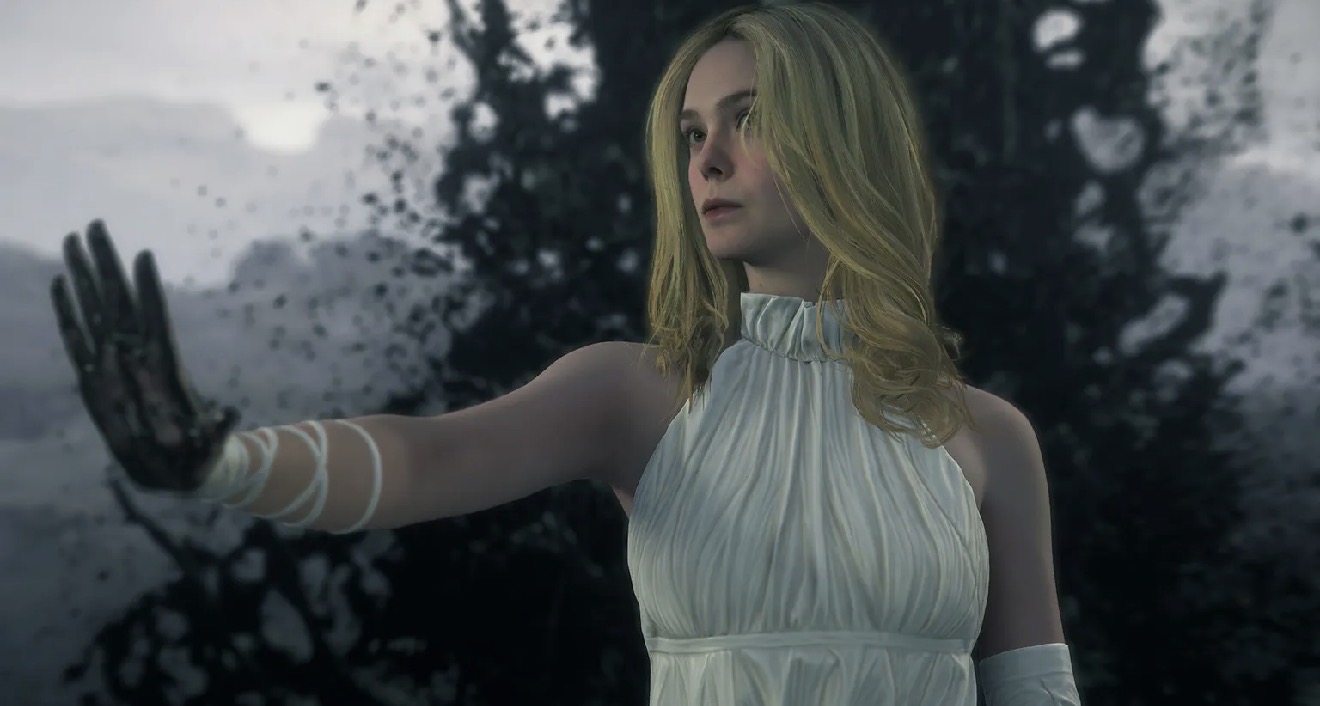 death stranding, death stranding 2: on the beach, 1girl, blonde hair, dress, hand up, white dress