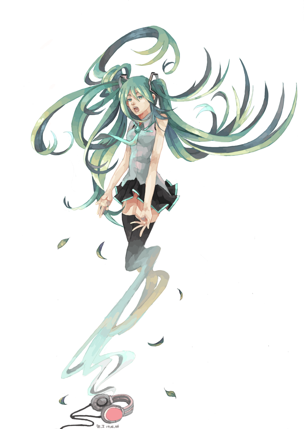 z.i, hatsune miku, vocaloid, bad id, bad pixiv id, highres, 1girl, aqua eyes, aqua hair, female focus, headphones, long hair, necktie, simple background, skirt, solo, thighhighs, twintails, very long hair, white background, zettai ryouiki