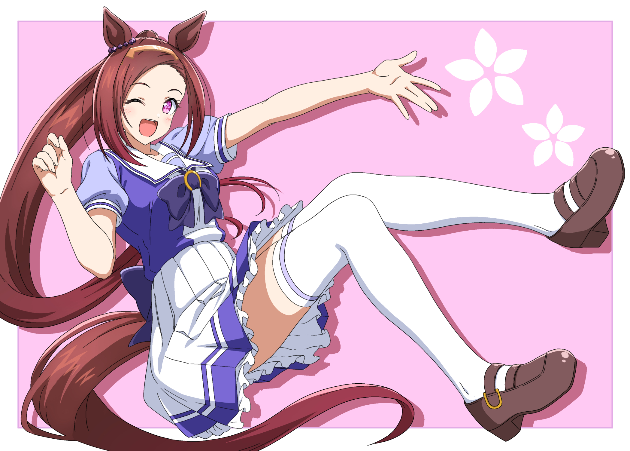 destino, sakura bakushin o (umamusume), umamusume, commentary request, highres, 1girl, animal ears, blush, bow, bowtie, breasts, brown hair, flower in eye, full body, gold hairband, hairband, horse ears, horse girl, horse tail, long hair, looking at viewer, medium breasts, one eye closed, open mouth, pleated skirt, ponytail, puffy short sleeves, puffy sleeves, purple bow, purple bowtie, purple eyes, purple shirt, sailor collar, sailor shirt, school uniform, shirt, shoes, short sleeves, skirt, smile, solo, symbol in eye, tail, thighhighs, tracen school uniform, white sailor collar, white skirt, white thighhighs, zettai ryouiki