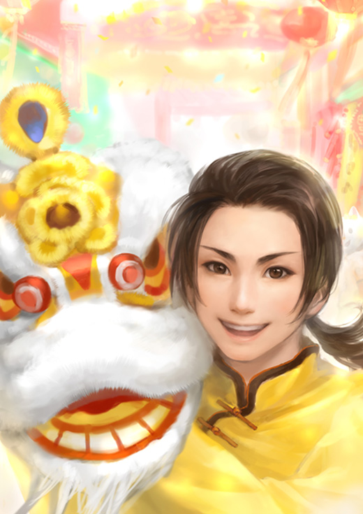 lotus (elico), china (hetalia), axis powers hetalia, bad id, bad pixiv id, 1boy, brown eyes, brown hair, lion dance, male focus, smile, solo