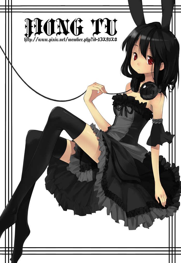 jong tu, original, bad id, bad pixiv id, colorized, 1girl, animal ears, black hair, dress, female focus, frills, goth fashion, gothic lolita, headphones, lolita fashion, rabbit ears, red eyes, short hair, solo, thighhighs