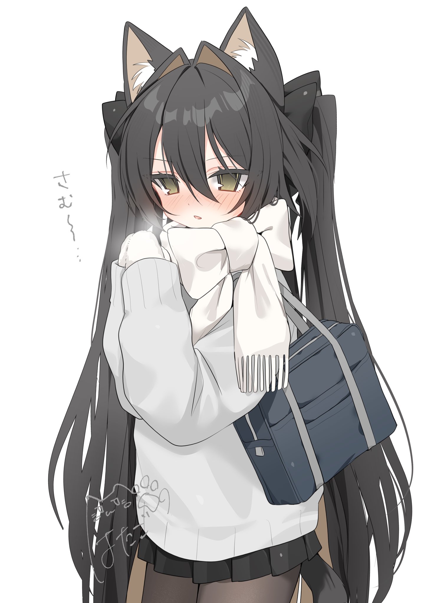 sentouryoku 5, original, commentary, highres, symbol-only commentary, 1girl, animal ear fluff, animal ears, black bow, black hair, black pantyhose, black skirt, blue bag, blush, bow, brown eyes, cardigan, cat ears, cat girl, cowboy shot, grey cardigan, hair between eyes, hair bow, hair intakes, long hair, looking at viewer, mittens, open mouth, own hands together, pantyhose, pleated skirt, scarf, scarf bow, school uniform, simple background, skirt, solo, two side up, very long hair, white background, white mittens, white scarf