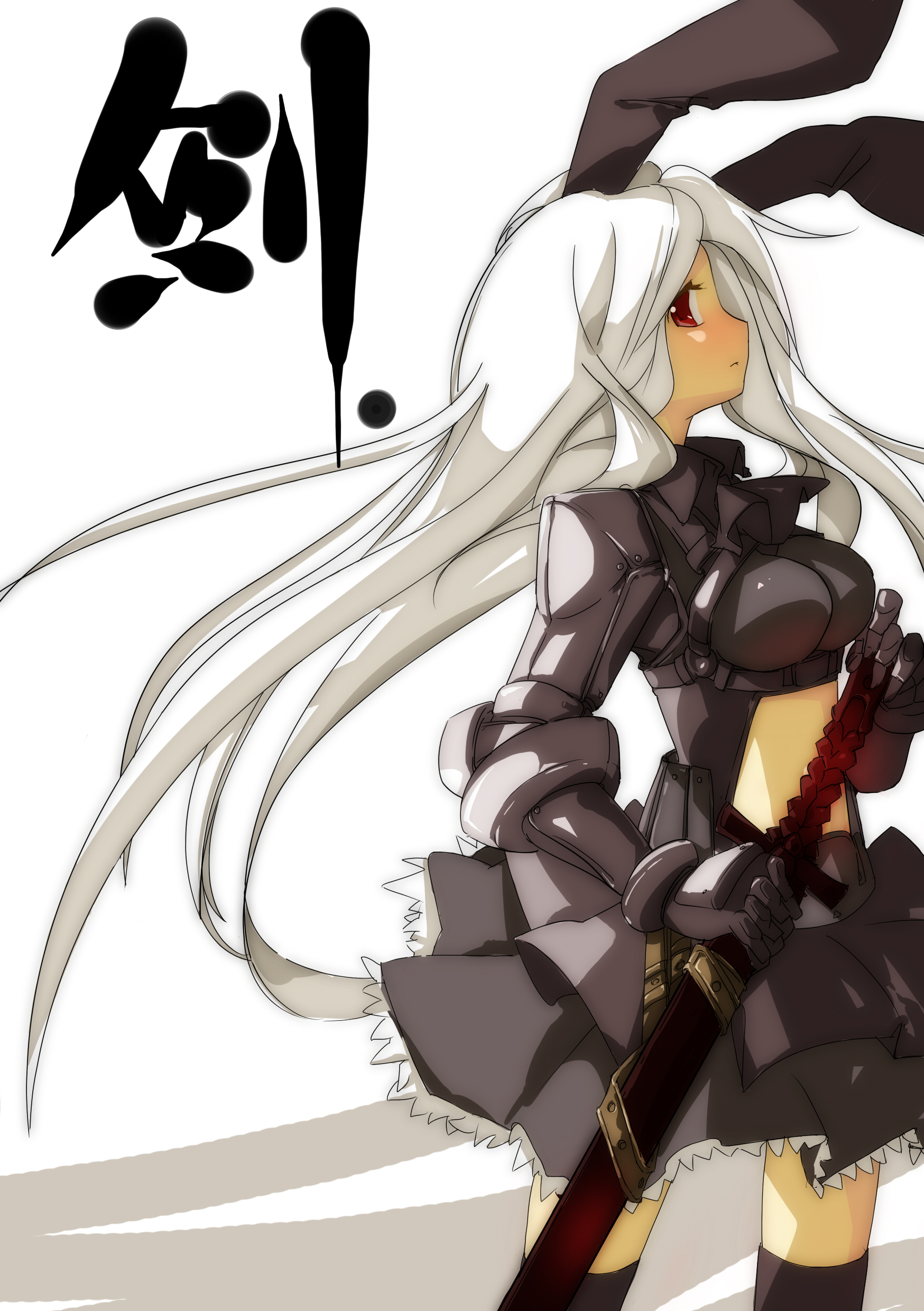 jong tu, original, silver hair, absurdres, bad id, bad pixiv id, highres, 1girl, animal ears, armor, female focus, long hair, midriff, rabbit ears, red eyes, solo, sword, weapon
