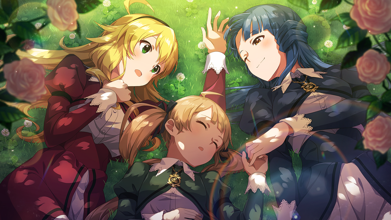 hakozaki serika, hoshii miki, kitakami reika, idolmaster, idolmaster (classic), idolmaster million live!, idolmaster million live! theater days, commentary request, game cg, official art, third-party source, 3girls, ahoge, blonde hair, blue dress, blue hair, blurry, blurry foreground, blush, brown hair, closed eyes, closed mouth, day, dress, green dress, green eyes, long hair, looking at another, lying, multiple girls, on back, on grass, one eye closed, outdoors, red dress, side-by-side