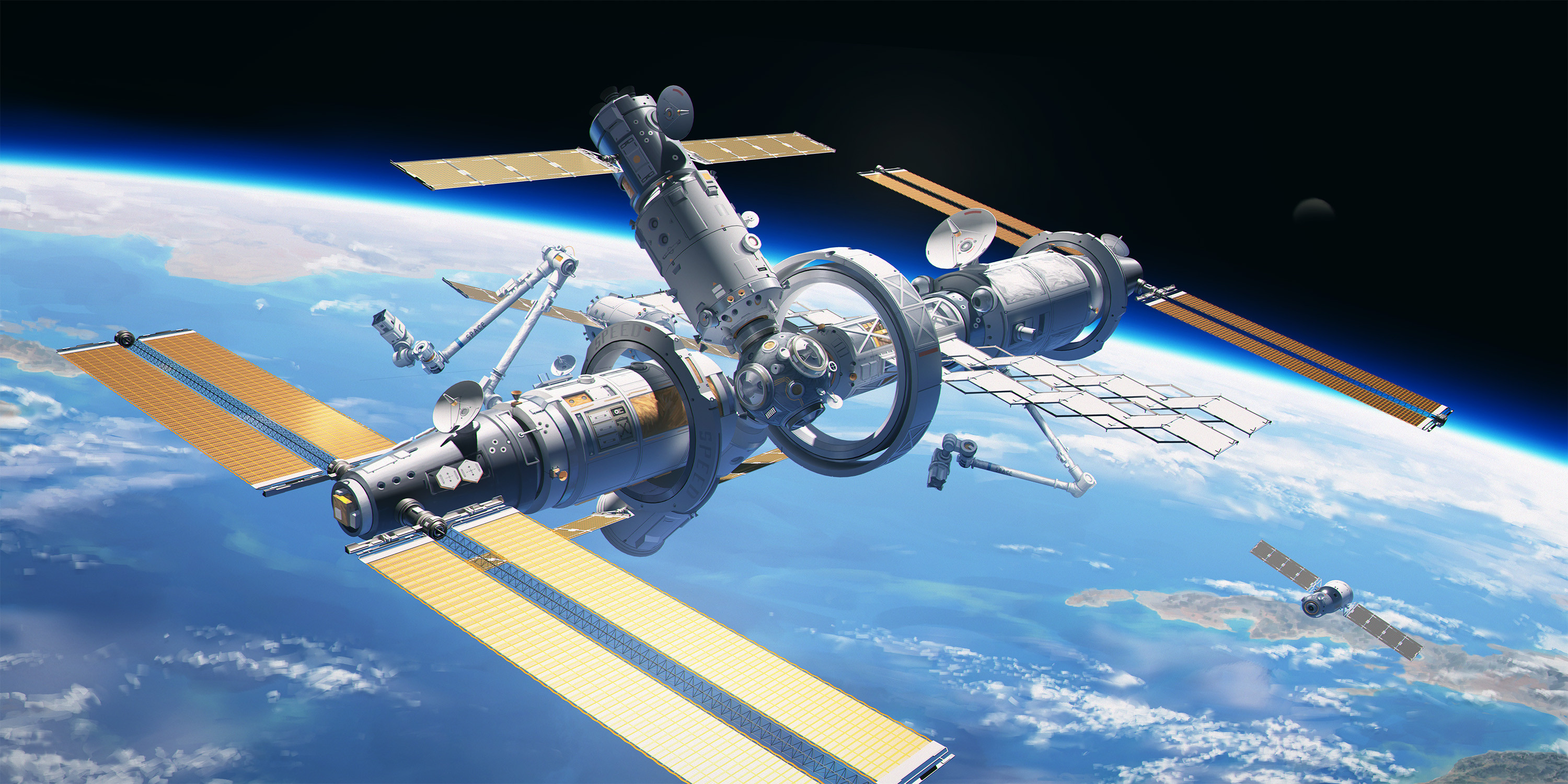 mangshuo, original, bilingual commentary, chinese commentary, commentary, commentary request, english commentary, highres, mixed-language commentary, photoshop (medium), earth (planet), in orbit, moon, no humans, planet, radar dish, science fiction, solar panel, space, space station, vehicle focus