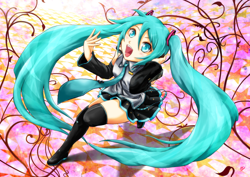 supuri, hatsune miku, vocaloid, 1girl, aqua eyes, aqua hair, female focus, green eyes, green hair, headphones, headset, long hair, necktie, skirt, solo, thighhighs, twintails