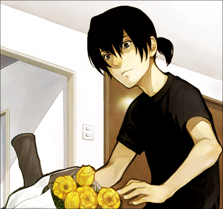 kiri (0925kiri), nataru shinmyou, tetsuwan birdy decode, 00s, 1boy, black eyes, black hair, flower, indoors, male focus, plant, solo, upper body