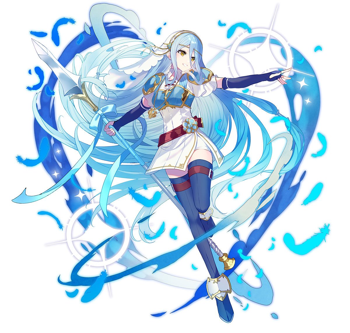 saine, azura (fire emblem), fire emblem, fire emblem fates, fire emblem heroes, nintendo, commentary, english commentary, official art, third-party source, 1girl, armor, azura (lady of the sky) (fire emblem), blue boots, blue gloves, blue hair, blush, boots, breastplate, breasts, dress, elbow gloves, fighting stance, fingerless gloves, full body, gloves, hair between eyes, heart, holding, holding polearm, holding weapon, lance, long hair, looking at viewer, official alternate costume, open mouth, polearm, short sleeves, shoulder armor, simple background, smile, solo, sparkle, thigh boots, thigh strap, veil, very long hair, water, weapon, white background, white dress, yellow eyes