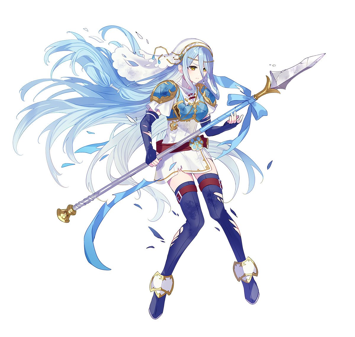 saine, azura (fire emblem), fire emblem, fire emblem fates, fire emblem heroes, nintendo, commentary, english commentary, official art, third-party source, 1girl, armor, azura (lady of the sky) (fire emblem), battle damage, blue boots, blue gloves, blue hair, blush, boots, breastplate, breasts, damaged, dress, elbow gloves, fingerless gloves, full body, gloves, hair between eyes, holding, holding polearm, holding weapon, lance, long hair, looking at viewer, official alternate costume, parted lips, polearm, short sleeves, shoulder armor, simple background, solo, thigh boots, thigh strap, torn clothes, veil, very long hair, weapon, white background, white dress, yellow eyes
