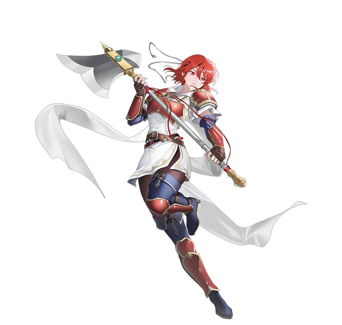 riz3, minerva (fire emblem), fire emblem, fire emblem: mystery of the emblem, fire emblem heroes, nintendo, commentary, english commentary, official art, 1girl, arm guards, armor, attack, axe, belt, black pantyhose, blue boots, boots, breastplate, breasts, brown belt, brown gloves, dress, fighting stance, fingerless gloves, full body, gloves, headband, high heel boots, high heels, holding, holding axe, looking at viewer, minerva (above the stars) (fire emblem), official alternate costume, pantyhose, parted lips, red armor, red eyes, red hair, shin guards, short hair, short sleeves, shoulder armor, simple background, solo, thigh boots, weapon, white dress, white headband
