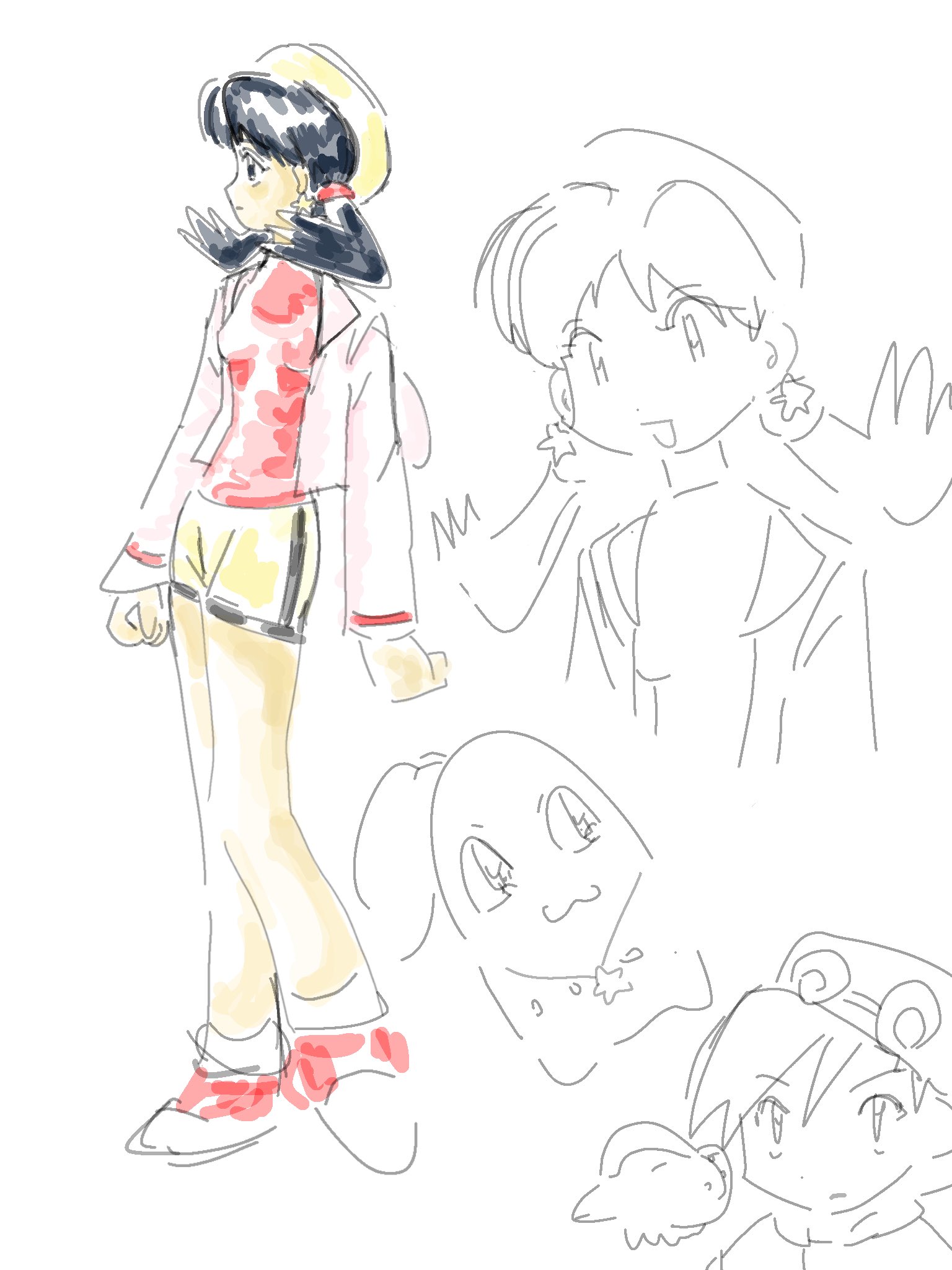 chikorita, ethan (pokemon), kris (pokemon), nintendo, pokemon, pokemon adventures, highres, 1girl, 2boys, backwards hat, baseball cap, bike shorts, blue eyes, blue hair, earrings, fufu8484, gen 2 pokemon, hat, jacket, jewelry, long hair, long sleeves, multiple boys, multiple views, necklace, open mouth, pokemon (creature), red shirt, shirt, shorts, simple background, sketch inset, smile, standing, star (symbol), star earrings, star necklace, twintails, white background, yellow hat, yellow shorts