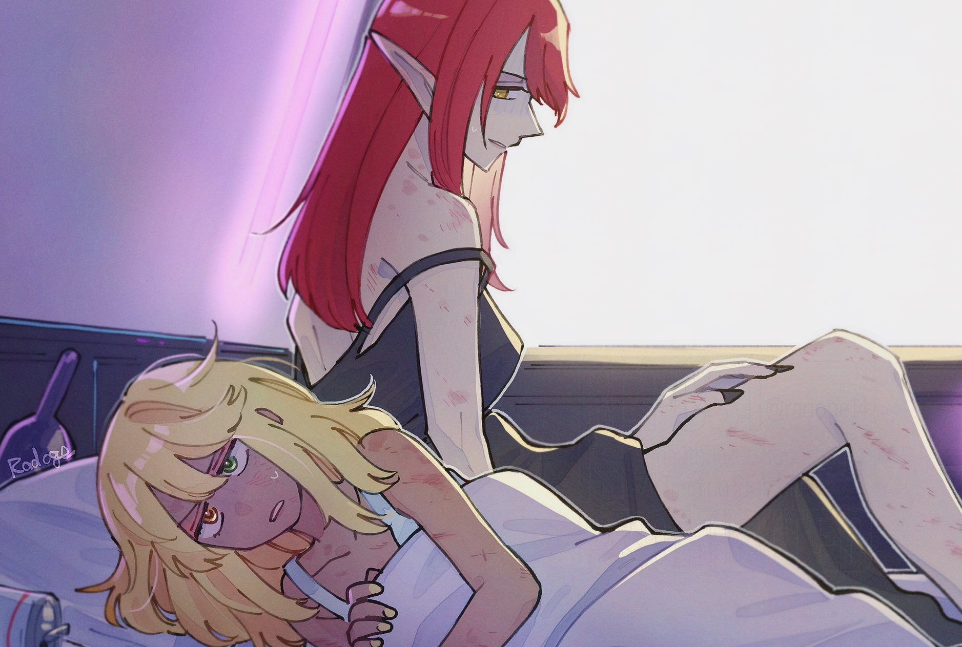 radoge14, honey b. lovely, vamp fatale, final fantasy, final fantasy xiv, commentary request, highres, 2girls, bare legs, beer can, blonde hair, bruise, can, dark-skinned female, dark skin, drink can, elezen, elf, heterochromia, hickey, implied after sex, injury, messy hair, morning, multiple girls, pointy ears, red hair, shared bed, strap slip, sweatdrop, thighs, yuri