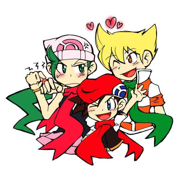 barry (pokemon), hareta (pokemon), mitsumi (pokemon), nintendo, pokemon, pokemon d.p, pokemon dp (manga), pokemon dp legend, pokemon dppt, 00s, beanie, blonde hair, blue eyes, blush, bracelet, brown eyes, brown hair, green eyes, green hair, hat, heart, jewelry, long hair, one eye closed, pinching, ponytail, scarf, simple background, skirt, white background, wink, yellow eyes