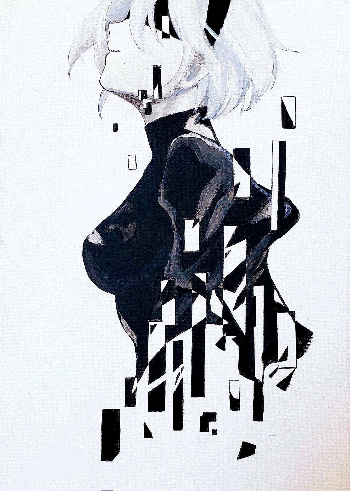 2b (nier:automata), nier:automata, nier (series), commentary request, highres, oil painting (medium), painting (medium), traditional media, 1girl, black dress, black hairband, blindfold, breasts, covered eyes, dress, from side, glitch, grn tea lat, hairband, juliet sleeves, long sleeves, medium breasts, mole, mole under mouth, parted lips, profile, puffy sleeves, short hair, sideways mouth, simple background, solo, white background, white hair