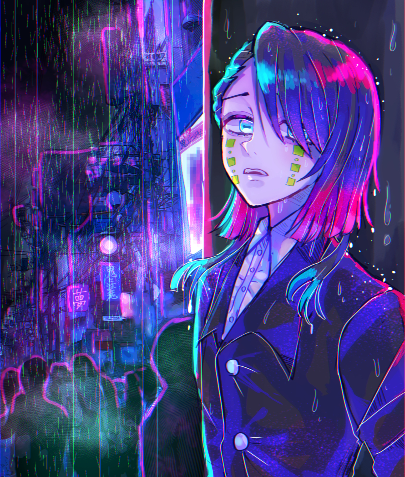 enmu (kimetsu no yaiba), kimetsu no yaiba, commentary request, highres, textless version, variant set, 1boy, aegyo sal, asymmetrical bangs, black jacket, blue eyes, building, buttons, colored tips, demon boy, facial mark, hakakochan, jacket, long sleeves, looking at viewer, male focus, medium hair, multicolored hair, night, open mouth, outdoors, people, rain, solo focus, suit jacket, symbol-shaped pupils, tears facial mark, teeth, trap, undershirt, upper body, upper teeth only, wet, wet clothes