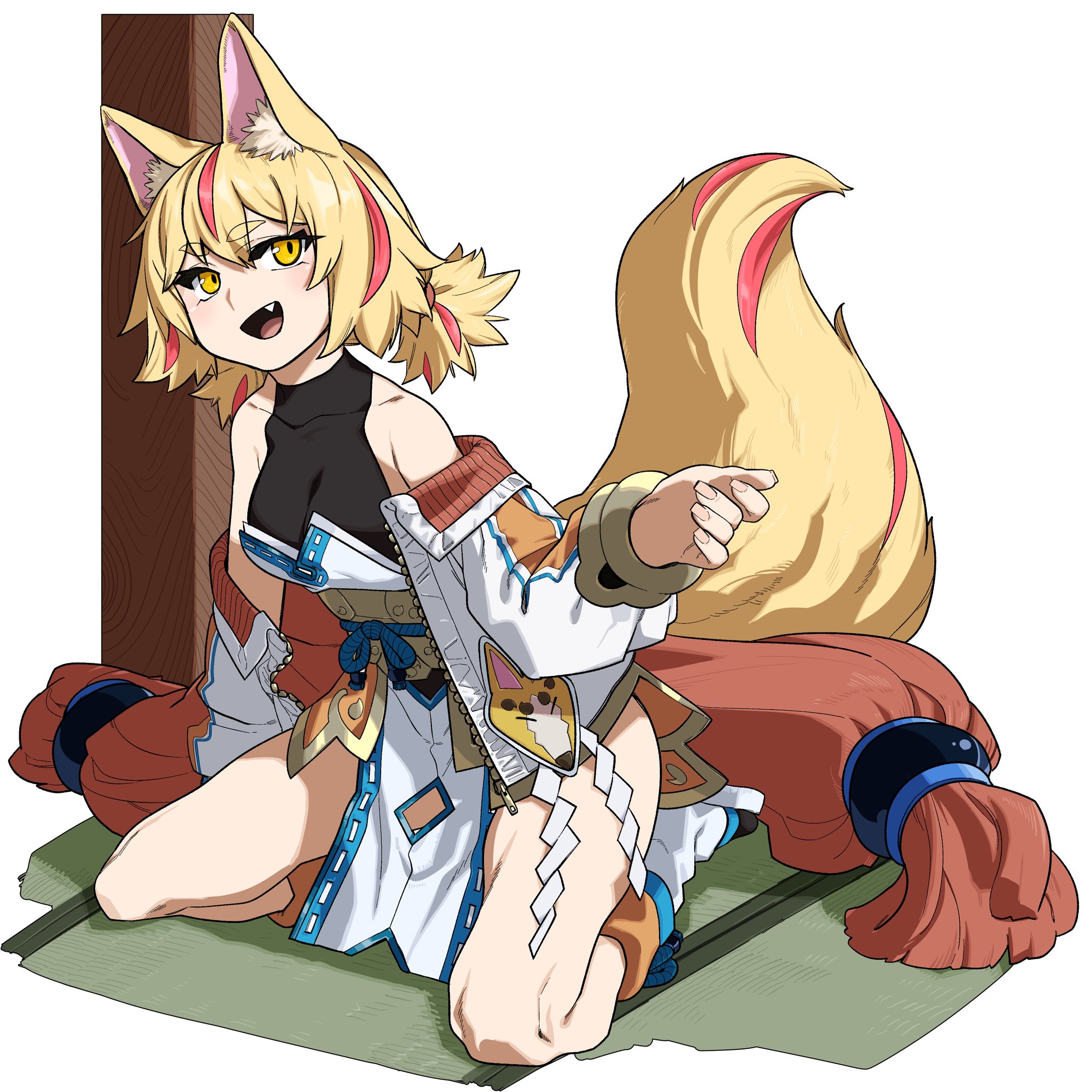 yoshimaro, original, commentary request, highres, 1girl, animal ear fluff, animal ears, arm support, bare shoulders, black leotard, blonde hair, boots, cropped jacket, fang, fox ears, fox girl, fox mask, fox tail, full body, hair intakes, heattech leotard, jacket, japanese clothes, kimono, leotard, looking at viewer, mask, medium hair, multicolored hair, off-shoulder jacket, off shoulder, on floor, open-toe boots, open clothes, open jacket, open mouth, orange hair, pelvic curtain, shide, short twintails, sitting, streaked hair, tail, tatami, thick eyebrows, turtleneck, twintails, wariza, white background, yellow eyes