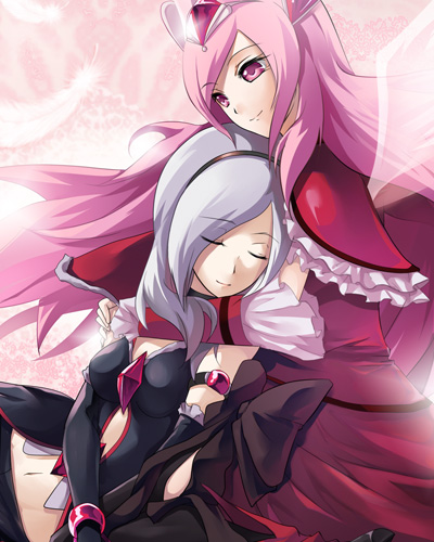 kazuki sanbi, cure passion, eas (fresh precure!), higashi setsuna, fresh precure!, precure, black neckwear, lowres, 00s, 2girls, angel wings, bike shorts, black gloves, bow, closed eyes, dark persona, dress, dual persona, elbow gloves, feathers, gloves, grey hair, hairband, heart, hug, hug from behind, kneeling, long hair, magical girl, multiple girls, navel, pantyhose, pink eyes, pink hair, ribbon, short hair, shorts, smile, tiara, wings