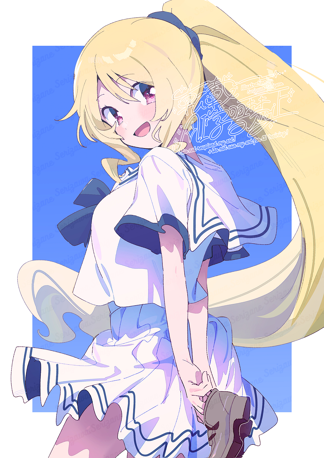 serizawa serizane, togame momoko, magia record: mahou shoujo madoka magica gaiden, mahou shoujo madoka magica, commentary request, highres, 1girl, :d, blonde hair, blue background, blue bow, blue bowtie, blush, border, bow, bowtie, brown shoes, cowboy shot, holding, holding shoes, holding unworn clothes, long hair, looking at viewer, open mouth, outside border, pleated skirt, ponytail, red eyes, sailor collar, school uniform, serafuku, shirt, shoes, short sleeves, simple background, skirt, smile, solo, unworn shoes, white border, white sailor collar, white shirt