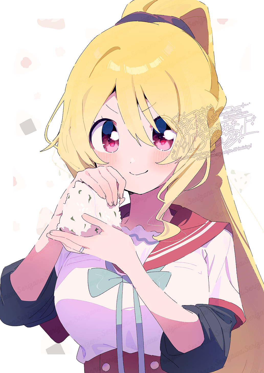 serizawa serizane, togame momoko, magia record: mahou shoujo madoka magica gaiden, mahou shoujo madoka magica, commentary request, highres, >:), 1girl, blonde hair, blush, bow, bowtie, closed mouth, food, green bow, green bowtie, hair between eyes, holding, holding food, jewelry, layered sleeves, long hair, long sleeves, looking at viewer, ponytail, red eyes, red sailor collar, ring, sailor collar, school uniform, serafuku, shirt, short over long sleeves, short sleeves, solo, upper body, v-shaped eyebrows, watermark, white shirt