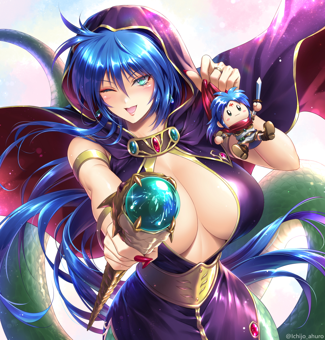 ichijo ahuro, deis, ryu (breath of fire i), breath of fire, breath of fire i, commentary request, 1girl, :d, blue eyes, blue hair, breasts, cape, character doll, cleavage, cleavage cutout, clothing cutout, doll, dress, holding, holding doll, holding staff, hood, hooded cape, lamia, large breasts, long hair, looking at viewer, monster girl, one eye closed, open mouth, purple dress, smile, solo, staff, very long hair