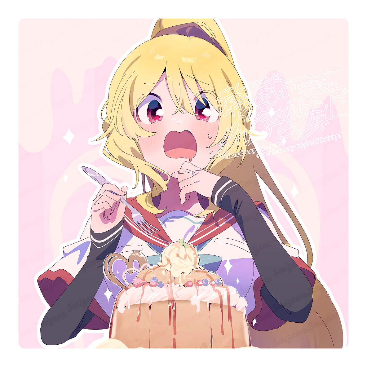 serizawa serizane, togame momoko, magia record: mahou shoujo madoka magica gaiden, mahou shoujo madoka magica, commentary request, 1girl, blonde hair, blush, border, bow, bowtie, cake, dot nose, food, fork, green bow, green bowtie, hair between eyes, holding, holding fork, layered sleeves, long hair, long sleeves, open mouth, outline, outside border, pink background, ponytail, red eyes, red sailor collar, sailor collar, school uniform, serafuku, shirt, short over long sleeves, short sleeves, solo, upper body, watermark, white border, white outline, white shirt