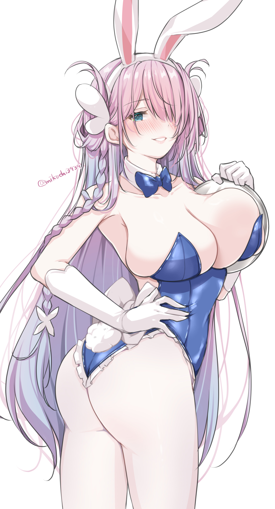 mikuchi3939, louisville (an order of dreams) (azur lane), louisville (azur lane), azur lane, commentary request, highres, 1girl, animal ears, ass, back, bare shoulders, blush, bow, braid, breasts, cleavage, cowboy shot, detached collar, fake animal ears, gloves, hair over one eye, huge breasts, leotard, long hair, looking at viewer, looking back, official alternate costume, pantyhose, pink hair, playboy bunny, rabbit ears, solo, white pantyhose