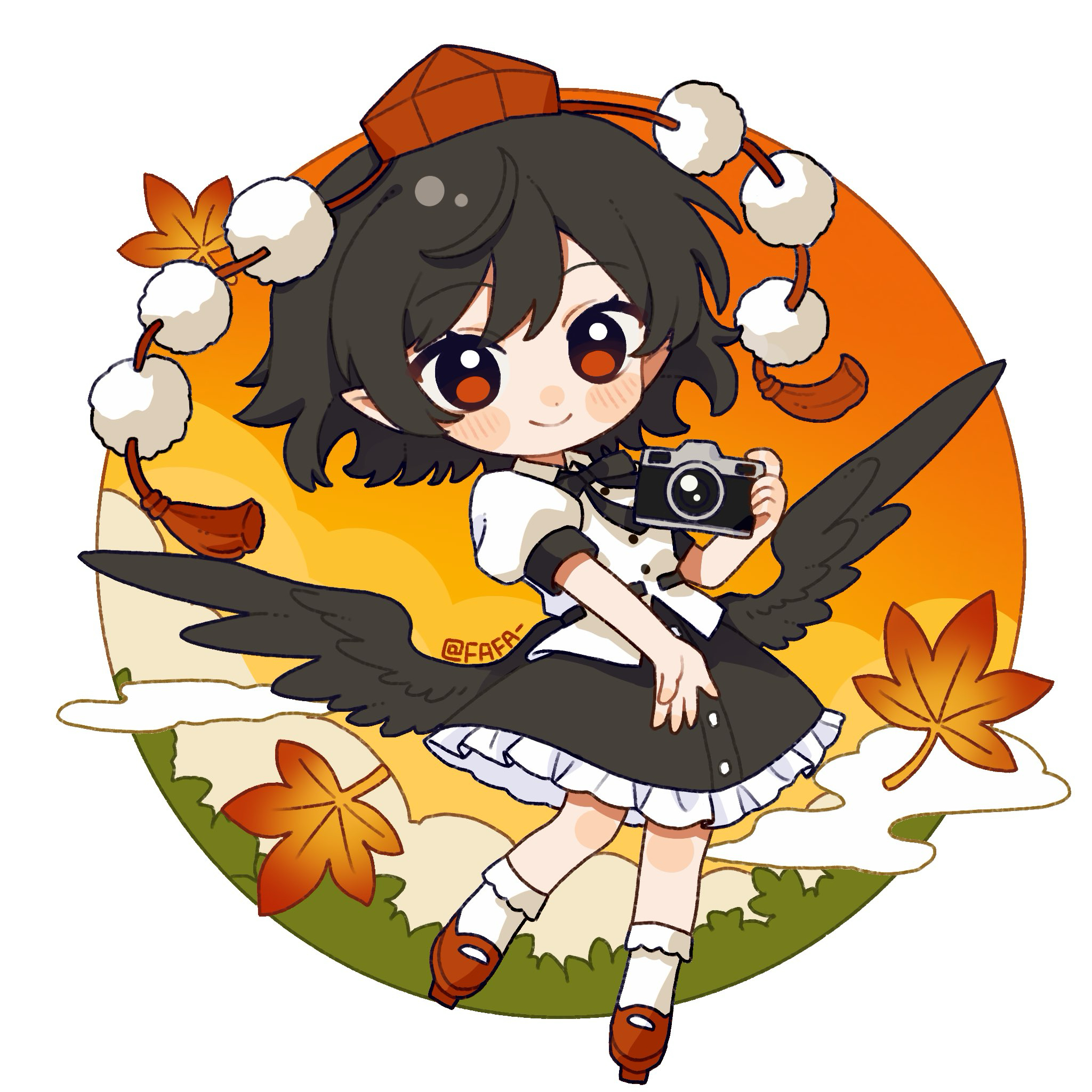 fafa, shameimaru aya, touhou, chinese commentary, commentary request, highres, 1girl, artist name, autumn leaves, bird wings, black bow, black bowtie, black hair, black skirt, black wings, blush, bow, bowtie, closed mouth, collared shirt, frilled skirt, frills, full body, geta, hat, leaf, maple leaf, medium hair, pointy ears, pom pom (clothes), puffy short sleeves, puffy sleeves, red eyes, red hat, red shoes, shirt, shoes, short sleeves, skirt, smile, socks, solo, tengu-geta, tokin hat, white shirt, white socks, wings