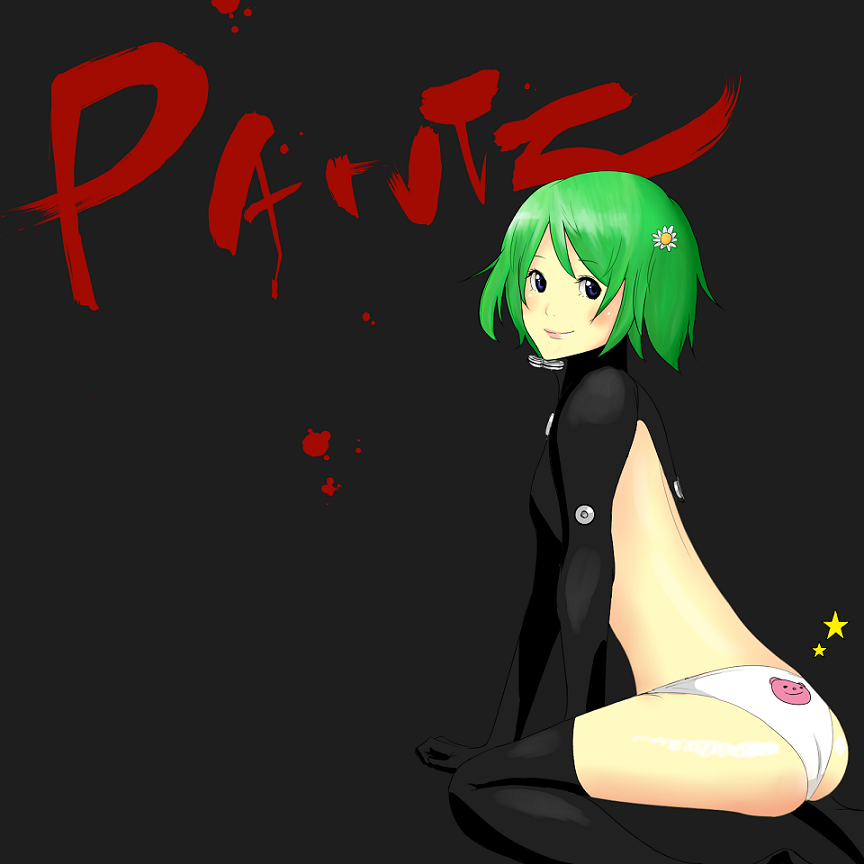 shidayo, ranka lee, gantz, macross, macross frontier, flower, gantz suit, hair flower, hair ornament, panties, parody, smile, solo, underwear