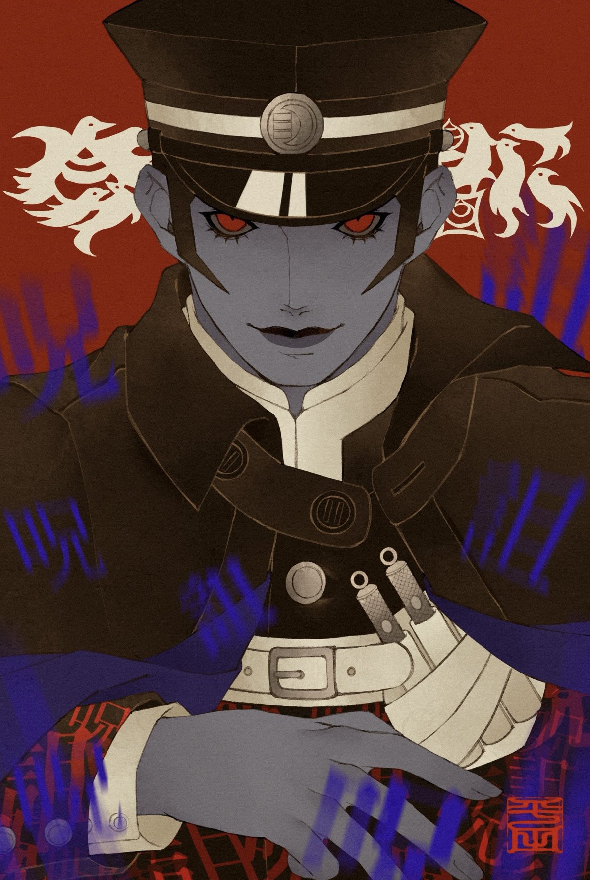 pertex 777, kuzunoha raidou, devil summoner: raidou kuzunoha vs the soulless army, devil summoner (series), commentary request, highres, 1boy, black cloak, black hair, black jacket, blue skin, cloak, colored skin, gakuran, hat, jacket, looking at viewer, male focus, red background, red eyes, school uniform, shako cap, sideburns, solo, upper body, yumizuki imperial high school uniform