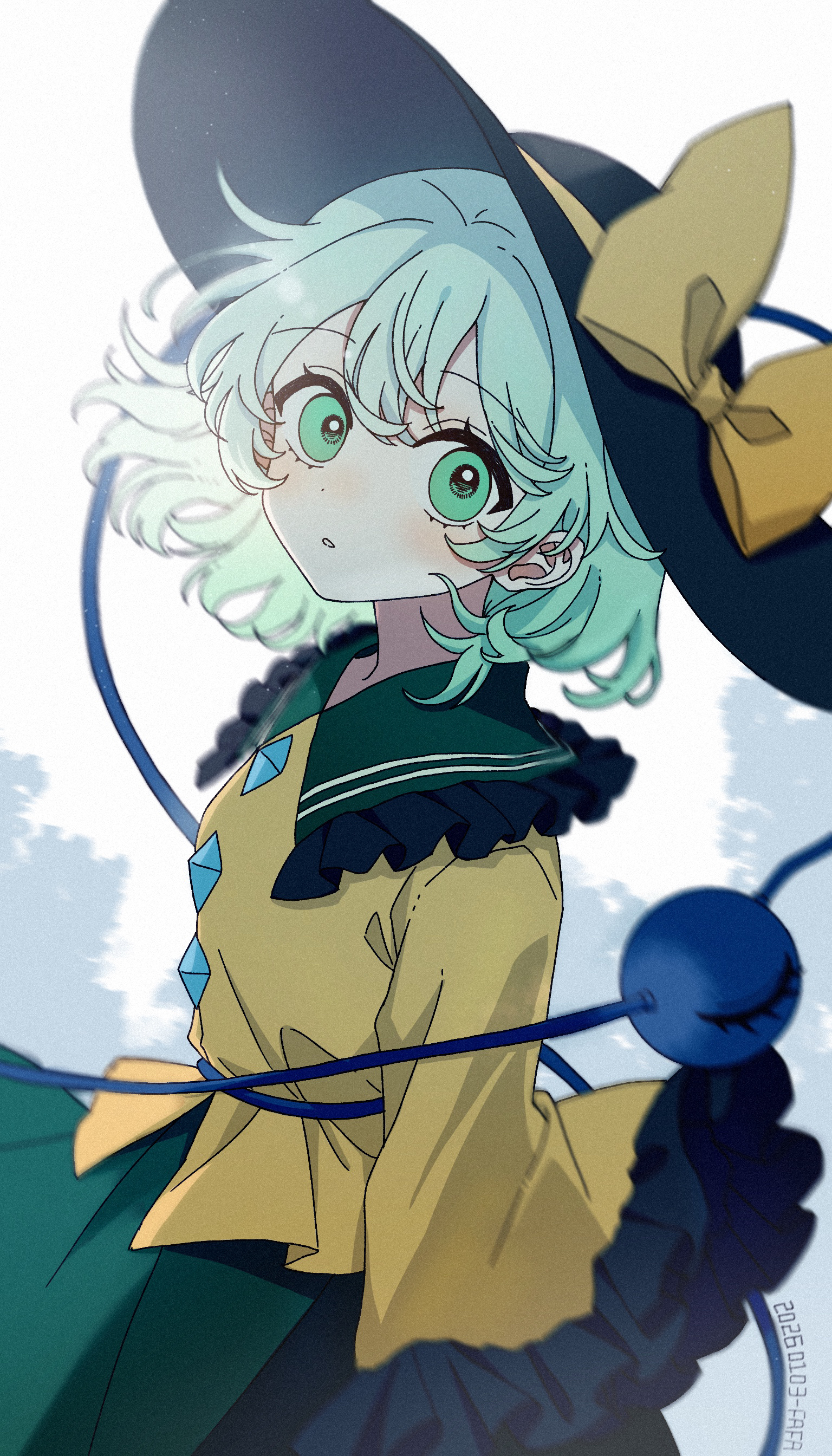 fafa, komeiji koishi, touhou, absurdres, commentary, highres, 1girl, artist name, black hat, bow, collared shirt, cowboy shot, dated, eyeball, frilled shirt collar, frilled sleeves, frills, green eyes, green hair, green skirt, hat, hat bow, long sleeves, looking at viewer, medium hair, open mouth, shirt, skirt, solo, third eye, wide sleeves, yellow bow, yellow shirt